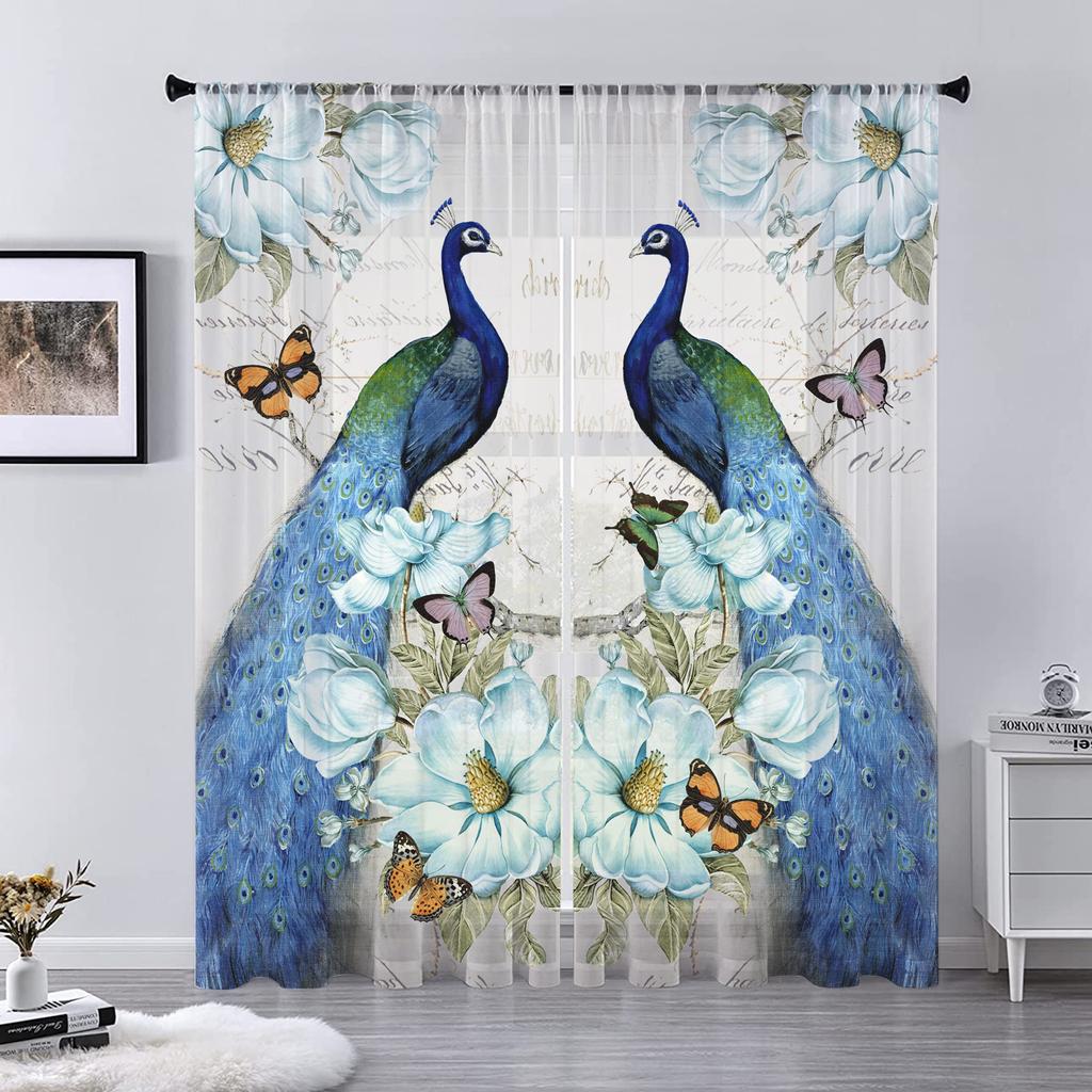 Animal Peacock Forest Stone Tulle Sheer Window Curtains for Living Room Bedroom Modern Tulle Voile Curtains Drapes Decoration