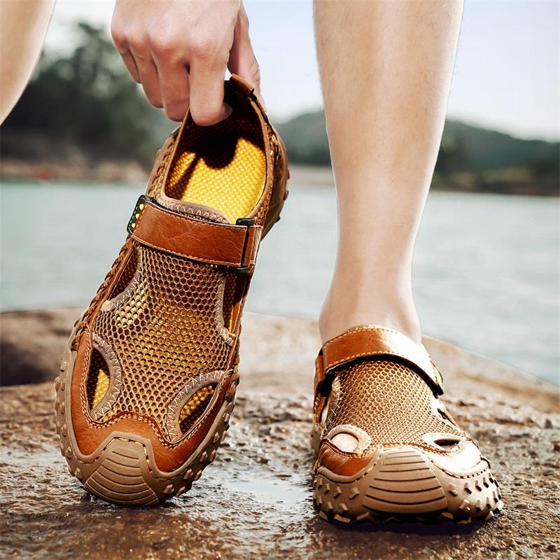 Sandale de vară respirabile pentru bărbați, sandale romane la modă, pantofi casual din plasă făcuți manual cu platformă, sandale de plajă de exterior pentru bărbați