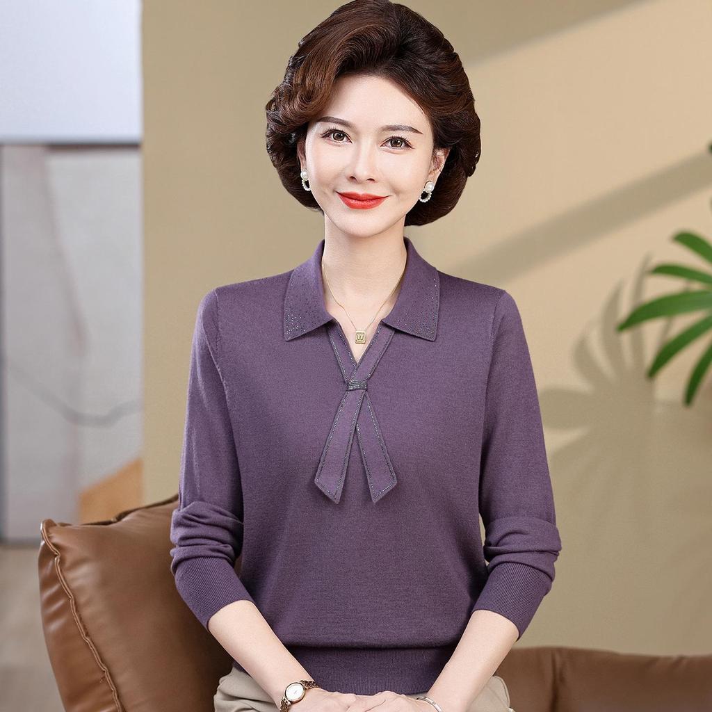 Chic Wool Long-Sleeve Sweater for Moms - Spring/Autumn Fashion for Middle-Aged Women - Perfect Wedding Inner Wear for Mother of the Bride/Groom
