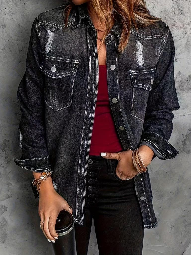 Plus Size Women's Ripped Washed Denim Cardigan Jacket