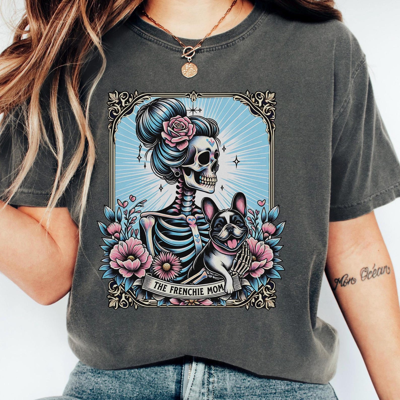 French Bulldog Shirt, Comfort Colors Frenchie Dog Mom Tarot Card T-shirt, French Bulldog Skeleton Tee, Mother s Day Gift, Dog Mom Shirt L