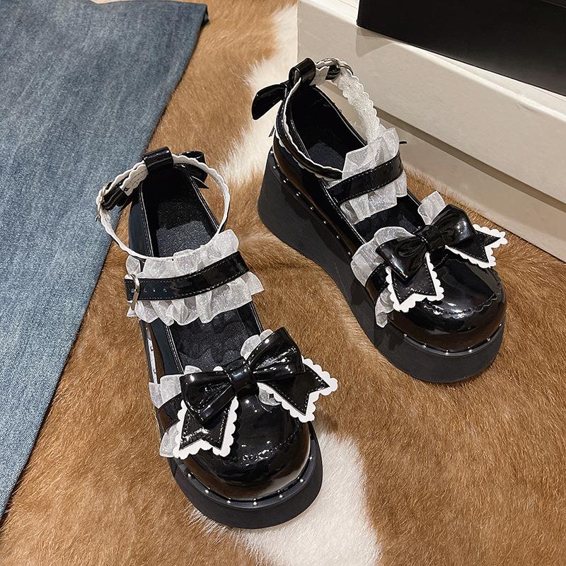 Módní Japonské Kawaii Punk Goth Robustní Platformové Lodičky Ženy Mašle Klínky Mary Jane Lolita Boty Žena Srdce Kotníková Přezka Černé Boty