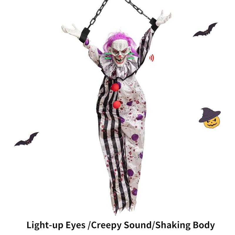 Halloween Animated Hanging Clown Decoration Glowing Eyes Creepy Sound Shaking Body Outdoor Haunted House Horror Prop 60 Inch