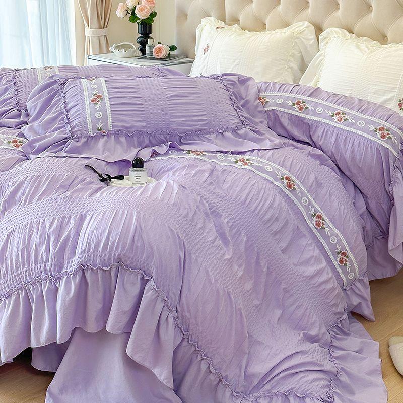 Spitzen-Bettwäscheset für Mädchen, Prinzessinnen-Bettbezug mit Laken, weiche gewaschene Baumwolle, französische romantische Heimtextilien, elegant und weich