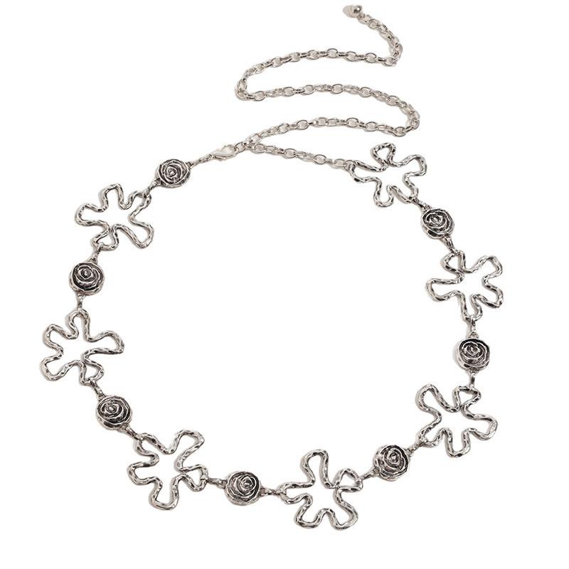 

Vintage Metal Floral Waist Chain With Hollow Rose Design For Women Spring срібний