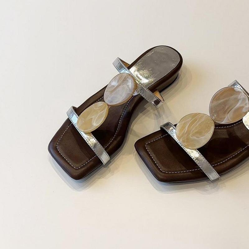 Sheepskin version~ New one-word with square head, open-toed cool slippers, women's retro flat-bottomed slippers