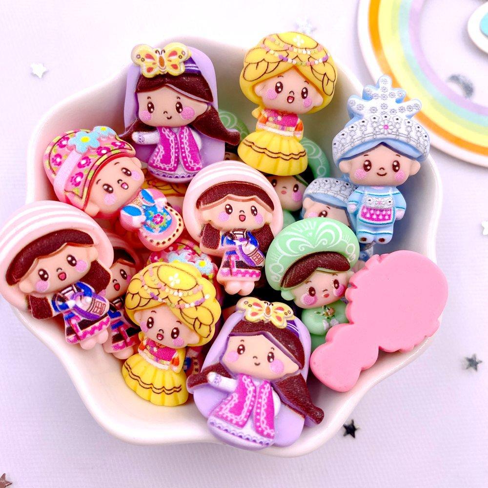 Hand Painted Colorful Resin Glitter Kawaii Princess Girl Boy Flatback Cartoon Figurines Scrapbook 10pcs DIY Bow Decor Craft