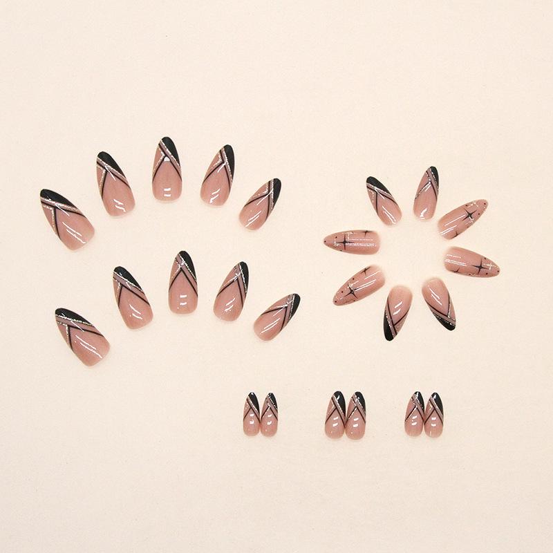 Glittering Starry Sky Wearable Nails: 24-Piece Almond Shape with Line Nail Art Stickers for French Manicure