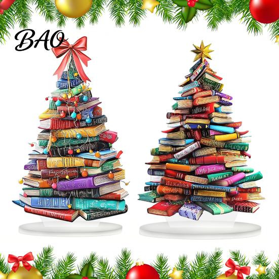 Artistic Holiday Room Accents Stacked Book Christmas Tree Ornament, 2D Flat Stacking Hanging Decoration, Acrylic Ornament Gift Reading Theme Pendant,