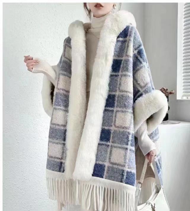 Women's Autumn/Winter Hooded Cape with Chinese Frog Button and Rabbit Fur Shawl, Plus Velvet Woolen Coat.