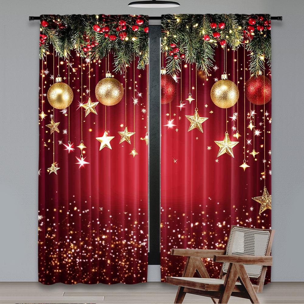 Set Of 2 Christmas Curtain Red Sparkling Stars Backdrop New Year Eve Party Xmas Holiday Decorations Curtains Made Polyester