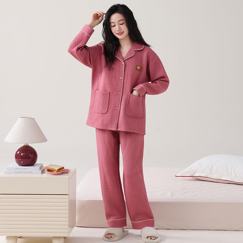 Air Cotton Pajamas Women'S Winter Thickened Pure Cotton Long-Sleeved Sandwich Loungewear Autumn And Winter Can Be Worn Outside Warm Suit Winter
