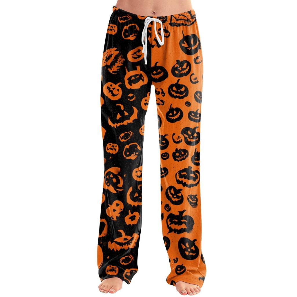 Women Drawstring Waist Halloween Print Long Pants Relaxed Fit Casual Trousers for Seasonal Festive Wear