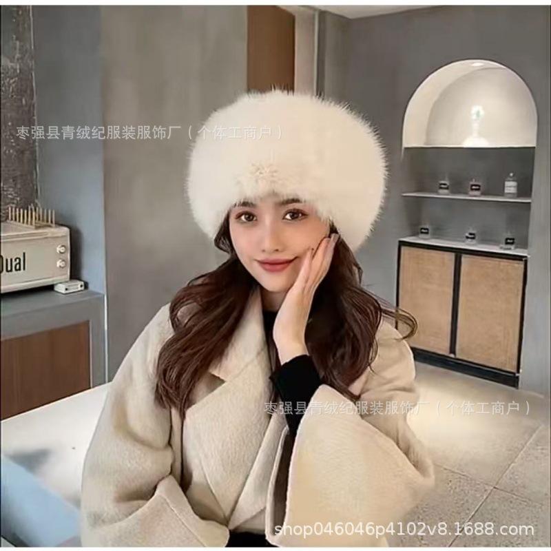 Autumn and winter hats are fashionable and versatile, windproof and warm, topless Mongolian hats, imitation fox fur hat rings, plush hair accessories