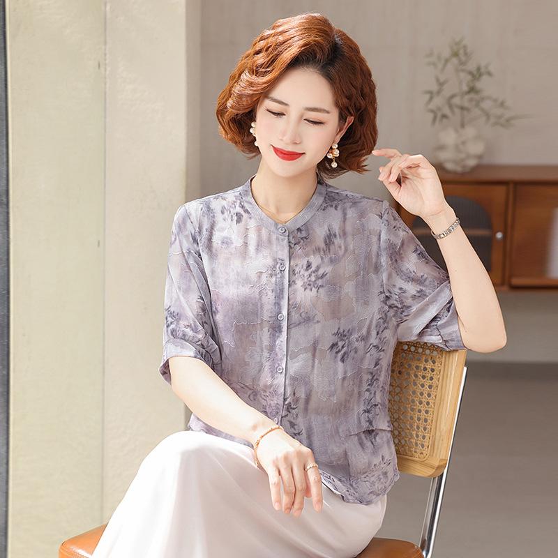 

Women s Mid-Sleeve Chiffon Blouse - Fashionable Summer Top for Middle-Aged & Elderly 2XL (Recommended 110-120 jin) фиолетовый