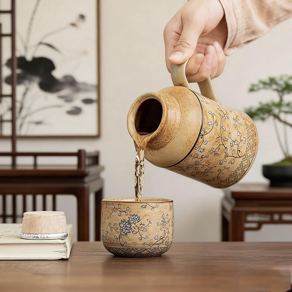 Ancient Lotus Woven Stem Thermos & Teacup Set - Ceramic Insulated Pot with Retro Mute Design, Ideal for Business Gifts and Souvenirs.