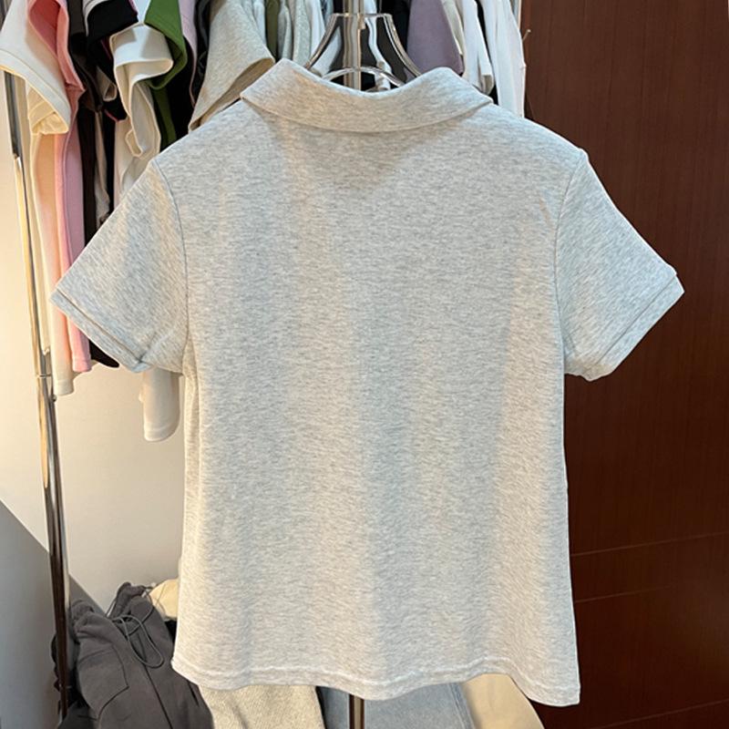 Women's Casual White Button-Up Polo Collar T-Shirt - Summer 2026 Stylish Versatile Short-Sleeved Top