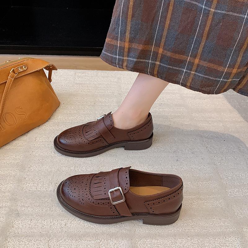 Round Head Fringed Retro Medieval Style Shallow Mouth Leather Shoes One Pedal Lazy British College Single Shoes Leather Shoes Autumn