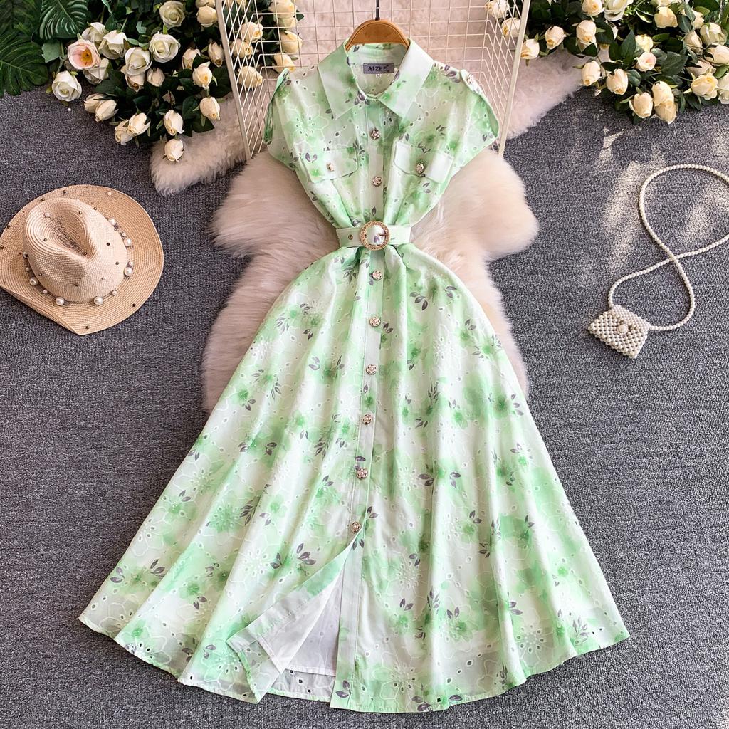 Gentle Pink Green and Yellow Embroidered Print Drop-Shoulder Shirt Dress for Women Summer Button-Down Belt Slim Midi Dress