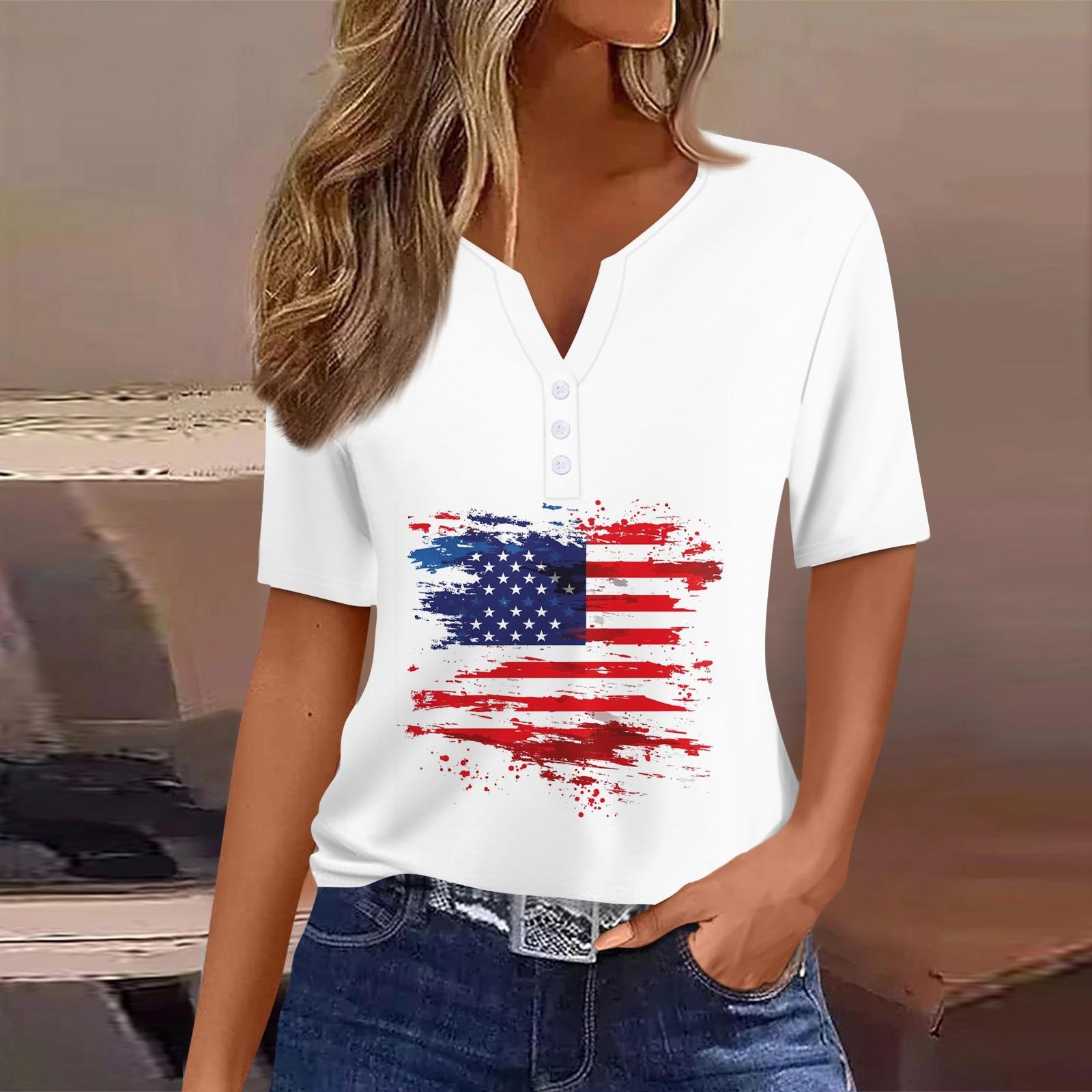

Женская футболка с принтом «День независимости» на пуговицах с коротким рукавом, повседневная, выходного дня, модная, базовая, с V-образным вырезом, обычная XL белый