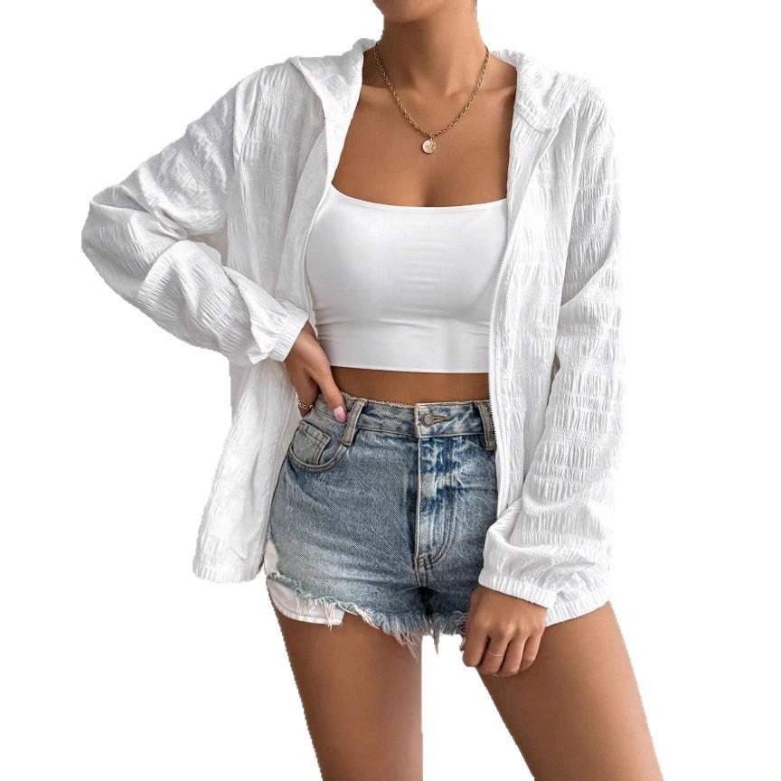 Summer Thin Long-sleeved Hooded Solid Color Coat, Autumn Hooded Shirt, Loose Top