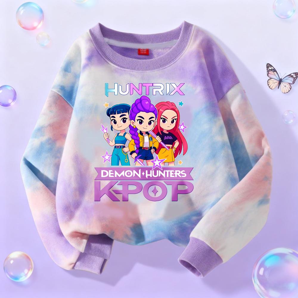 KPop Demon Hunters Long Sleeve Girls Trend Leisure Tops Anime Cartoon Spring Autumn Clothes Tie-dye Versatile Sweatshirt