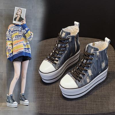 Women's Shoes 2025 Autumn and Winter New High-top Casual Shoes Old Ripped Denim Platform Muffin Shoes Women's Super High Heels