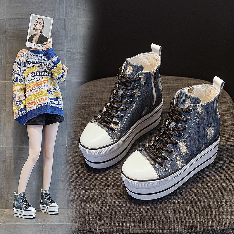 Women's shoes 2025 autumn and winter new high-top casual shoes old ripped denim platform muffin shoes women's super high heels