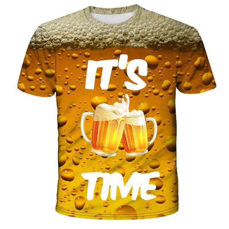 Men's Casual Beer Bubble Series 3D Printed Summer Comfortable Plus Size T-shirt- Soft Medium Stretch Polyester Fabric Summer Mens Relaxed Fit Clothing