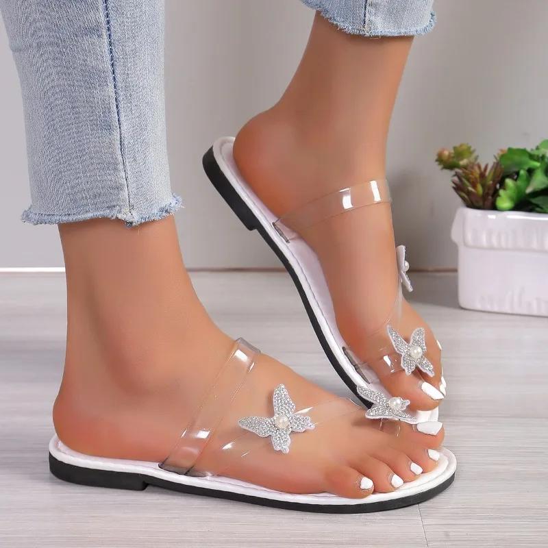 Fashion 2025 Summer Open Toe Women's Slippers Fashion Butterfly-knot New Plus Size Crystal Casual Flip Flops Solid Light Flat Slippers