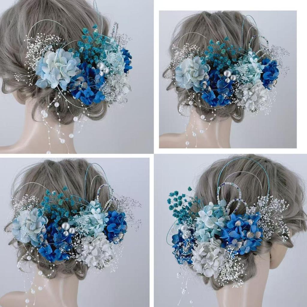 Hair Ornament for and and Gold Coming-of-Age Ceremonies, Graduations, Weddings Hydrangea, Baby's Breath, Pearl, Mizuhiki, Blue, White, Silver,