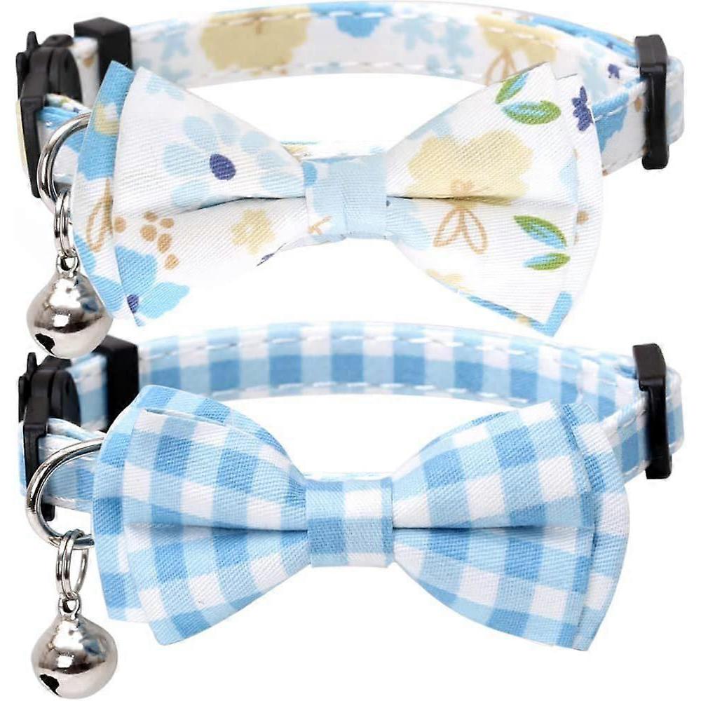 2 Pak/Set Kattenhalsband Veiligheidsontwerp met Schattige Strik en Bel Plaid Bloemen voor Kitten Verstelbaar Veiligheid - Blauw