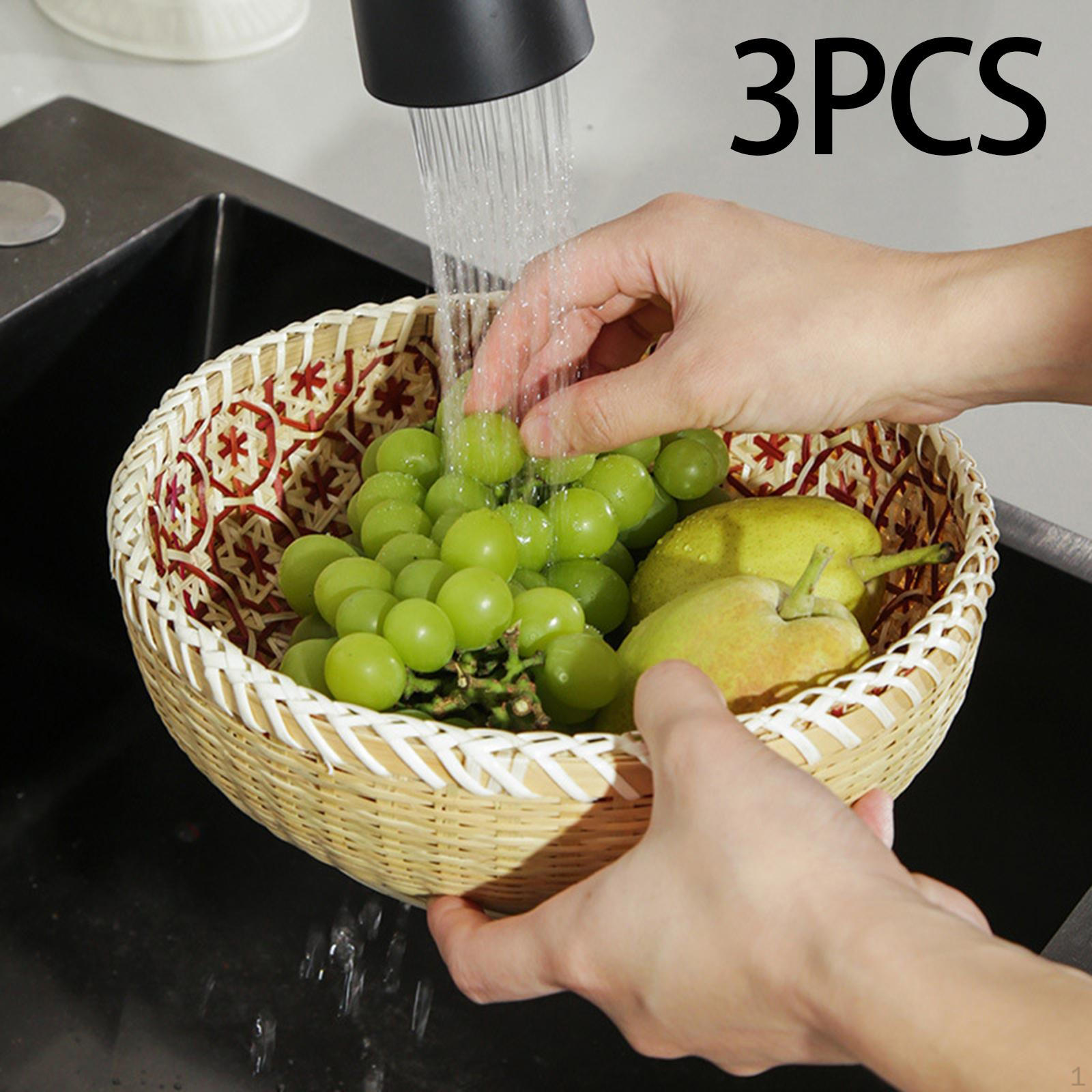 

3 Pieces Bamboo Woven Basket Rattan Storage Stackable Rustic Fruit Food Serving