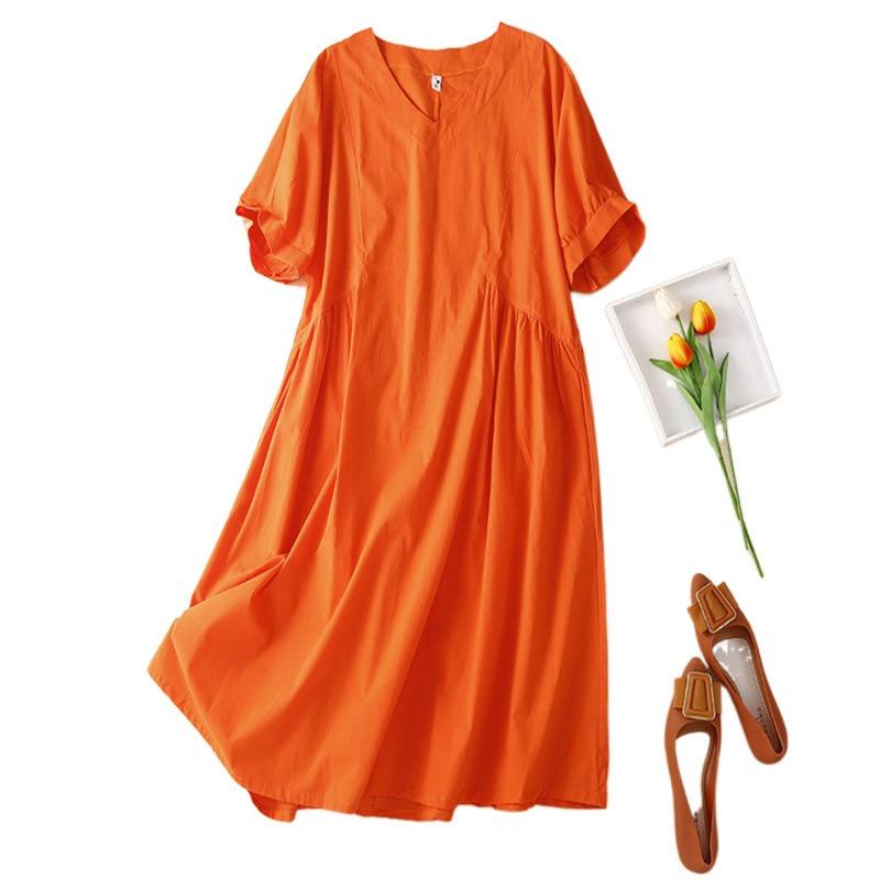Real Summer New Literary Large Size Loose Solid Color V-neck Short-sleeved Dress Women's Medium and Long Models