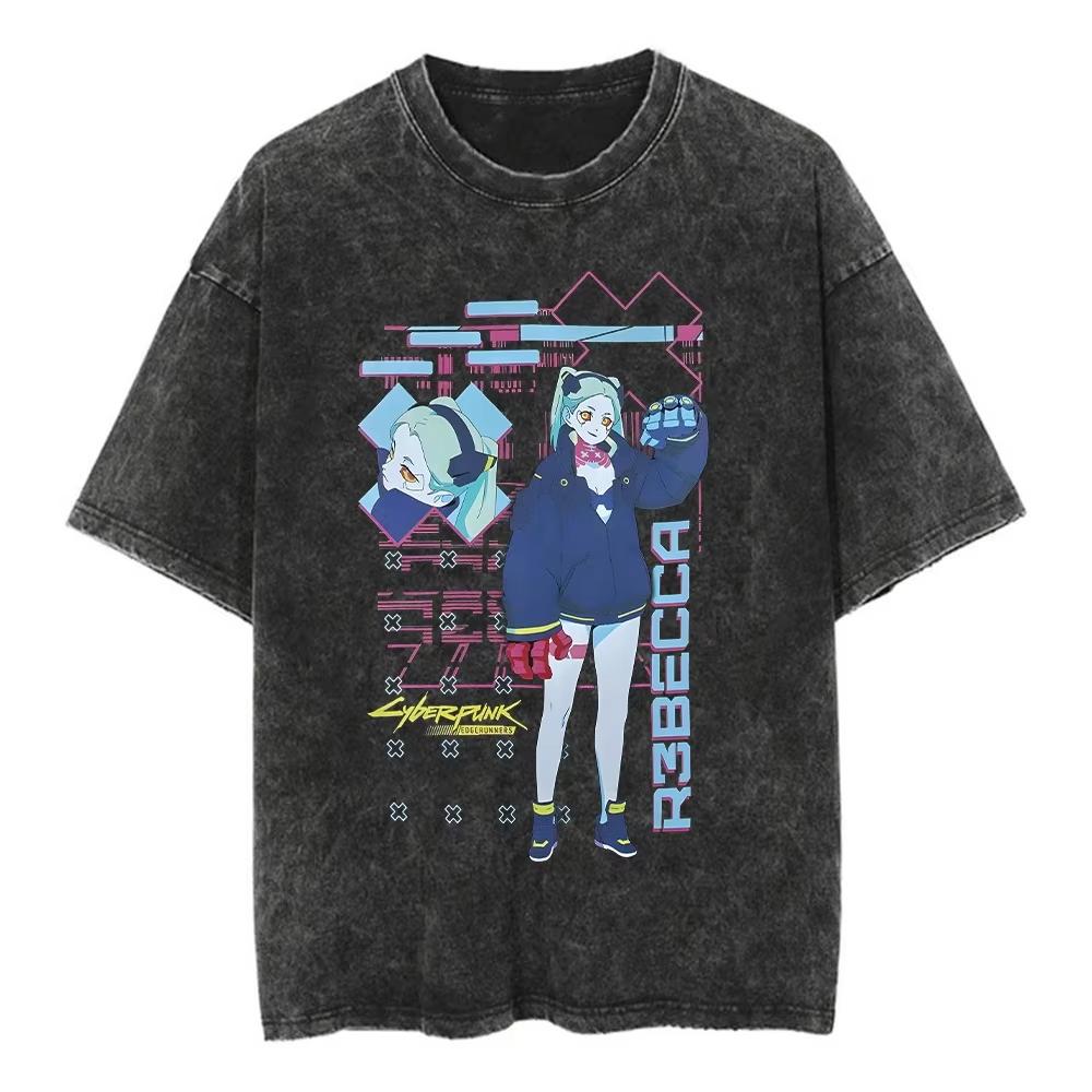 Game Cyber Punk LUCY T Shirt Cotton Washed Vintage Oversized T-shirt Y2k Harajuku Street Casual Loose Short Sleeve Tees