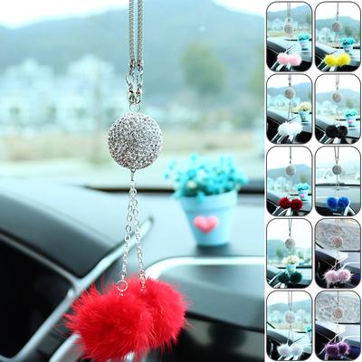 Fashion Diamond Crystal Car Decoration Bling Hair Ball Round Tassel Pendant Car Rearview Mirror Pendant Ladies Car Interior