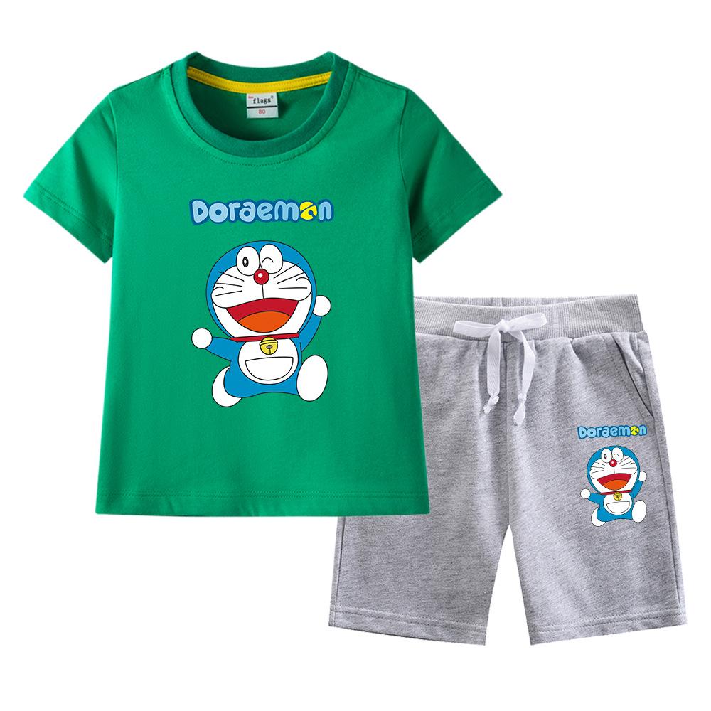 Doraemon Kids' Summer Set: Short-Sleeve T-shirt & Capris for Boys and Girls - Lightweight Casual Two-Piece.