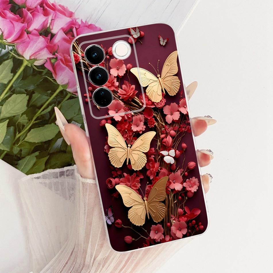 For Vivo V27 V27Pro Cute Flower Butterfly Cat Painted Case For Vivo V 27 V27 Pro V2230 V2231 Soft Silicone TPU Phone Cases