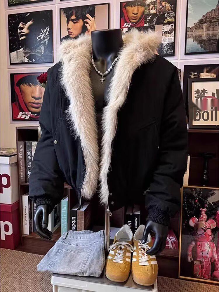 Herrvinter Retro Vittygöring Bomullsjacka med Pälskrage Huva