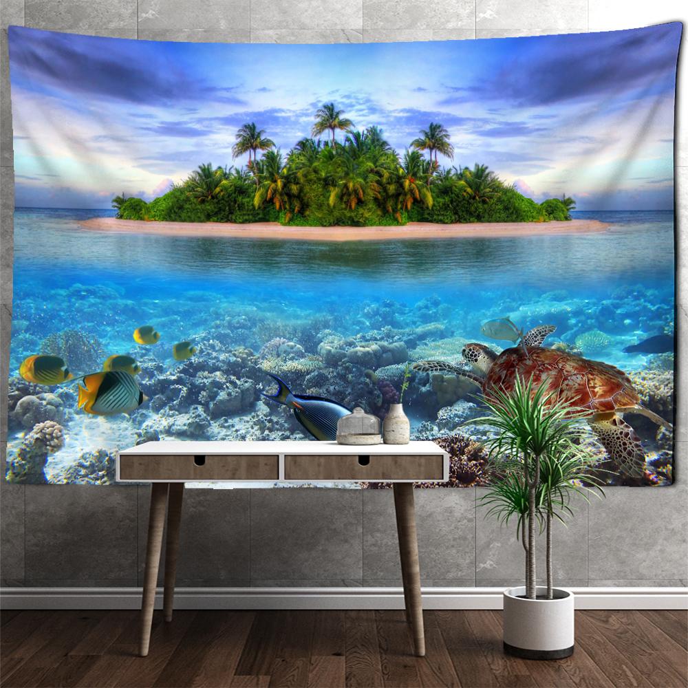 Island Landscape Painting Tapestry Wall Hanging Turtle Fish Aesthetic Room Bohemian Nature Art Mystery Home Decor