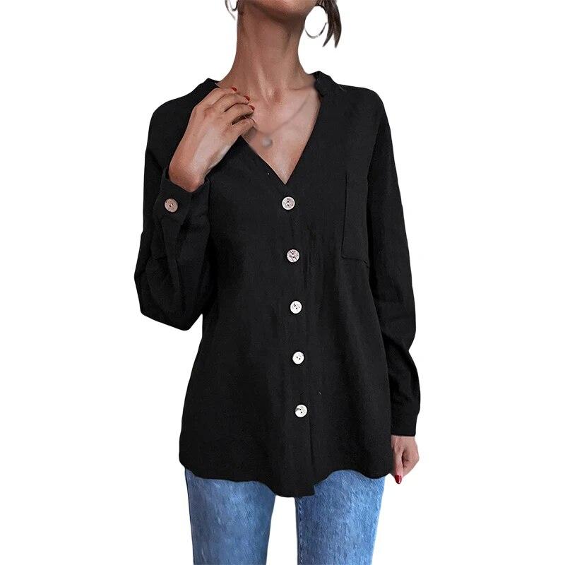 Solid Color Button Front Autumn Long Sleeve Stand Collar Loose Fit Shirts for Women Single Breasted Blouse Top