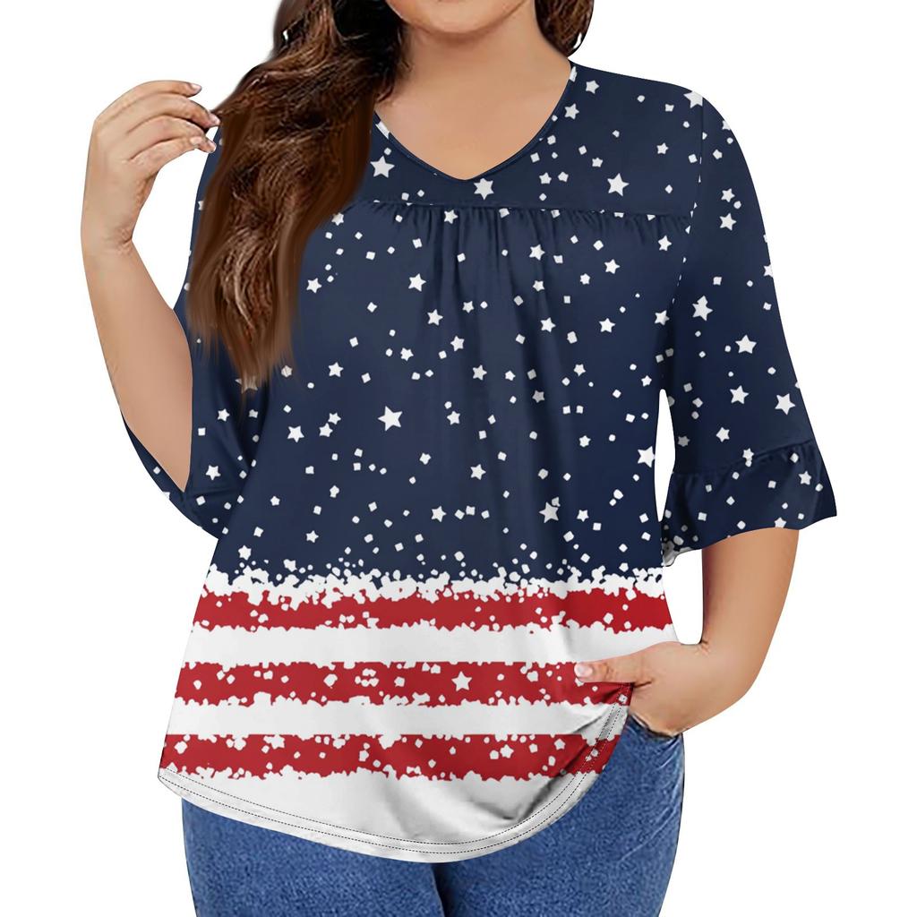 Women's Fashion Casual V-Neck Seven Sleeve Ruffle Sleeve Independence Day Printed T-Shirt Tops Plus Size Women's
