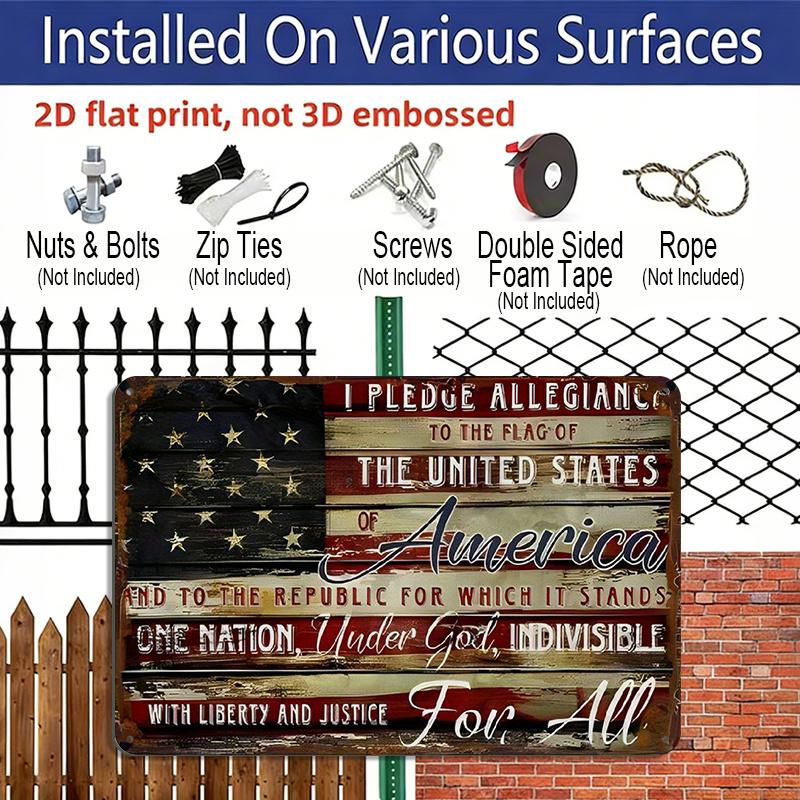2D Flat Rustic American Sign Rustic Aluminum American Style 8x12 Inch Sign U.S. Flag Design Pledge of Allegiance & Liberty Quote
