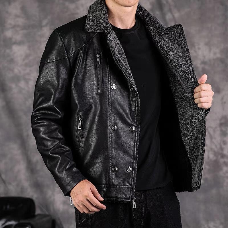 Winter Men's Lapel Fleece Leather Jacket Korean Version Atmospheric Youth Thickened Warm Jacket Locomotive Leather Fleece Jacket Men