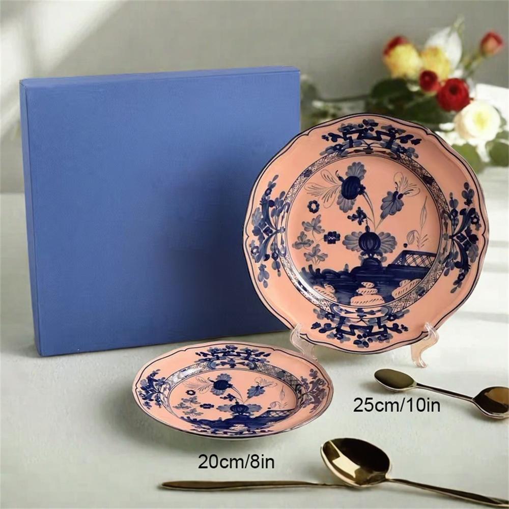 High-end Oriental Series Coffee Cup and Saucer Ceramic Mug Pink Yellow Blue Green Printed Plates Tea Cup Set Gift Box Souvenir