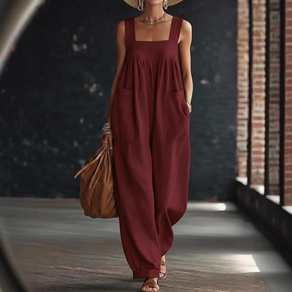 2026 European Spring/Summer Casual Women's Jumpsuit with Pockets - Comfortable, Loose, Solid Color & Strappy Design