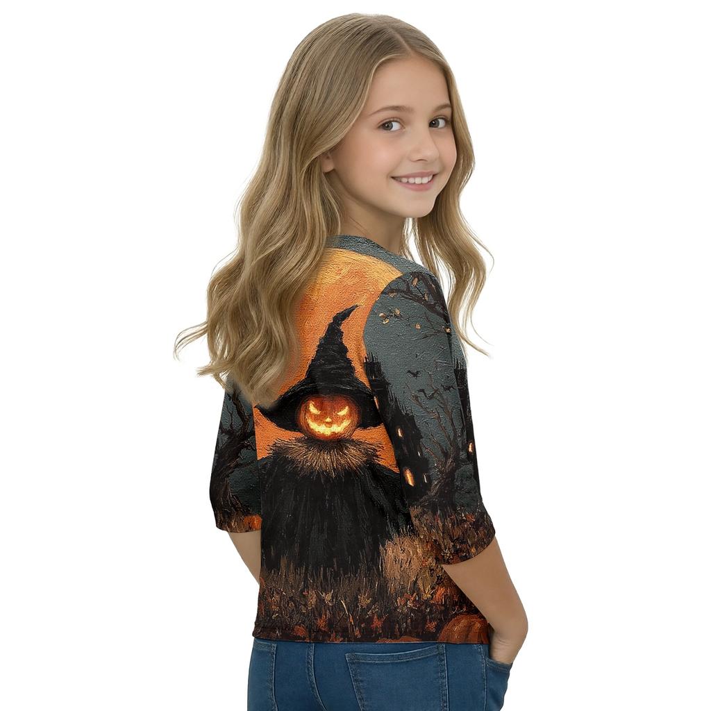 Kids Halloween Three-Quarter Sleeve Round Neck T-Shirt with Pumpkin Witch Print Casual Daily Wear