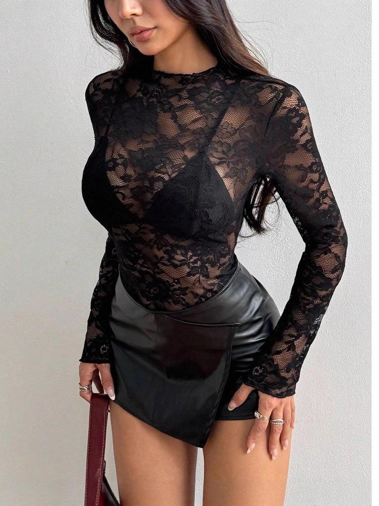 Elegant Long Sleeve Rose Lace Hollow Top - Women's French Design 2025