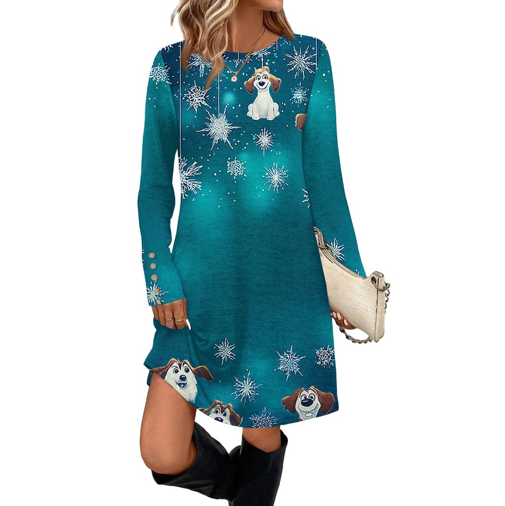 Women's Fashion Casual Dress With Pockets, Decorative Buttons, Christmas Prints, Round Neck And Long Sleeves