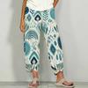 Women Plus Size Loose Nautical Print Cropped Pants Blue Beige Cross Hem With Pockets